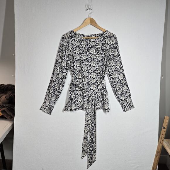 Loft Belted Top Sz S Blue White Floral Print Back Keyhole Long Sleeve Button - Picture 13 of 13